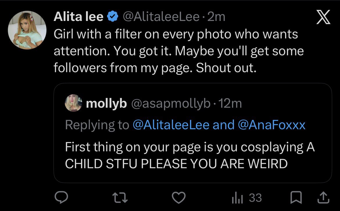 asapmollyb's tweet photo. @AnaFoxxx @AlitaleeLee She’s obviously a dodo. Same type of chick as the one you posted about originally. I just said she’s  cosplaying a child and her response is “try” to attack me. And then she’s trying to talk about your photo shoots meanwhile she’s taking blurry pictures in front of a tapestry 😬 https://t.co/5oCWzGCvAs