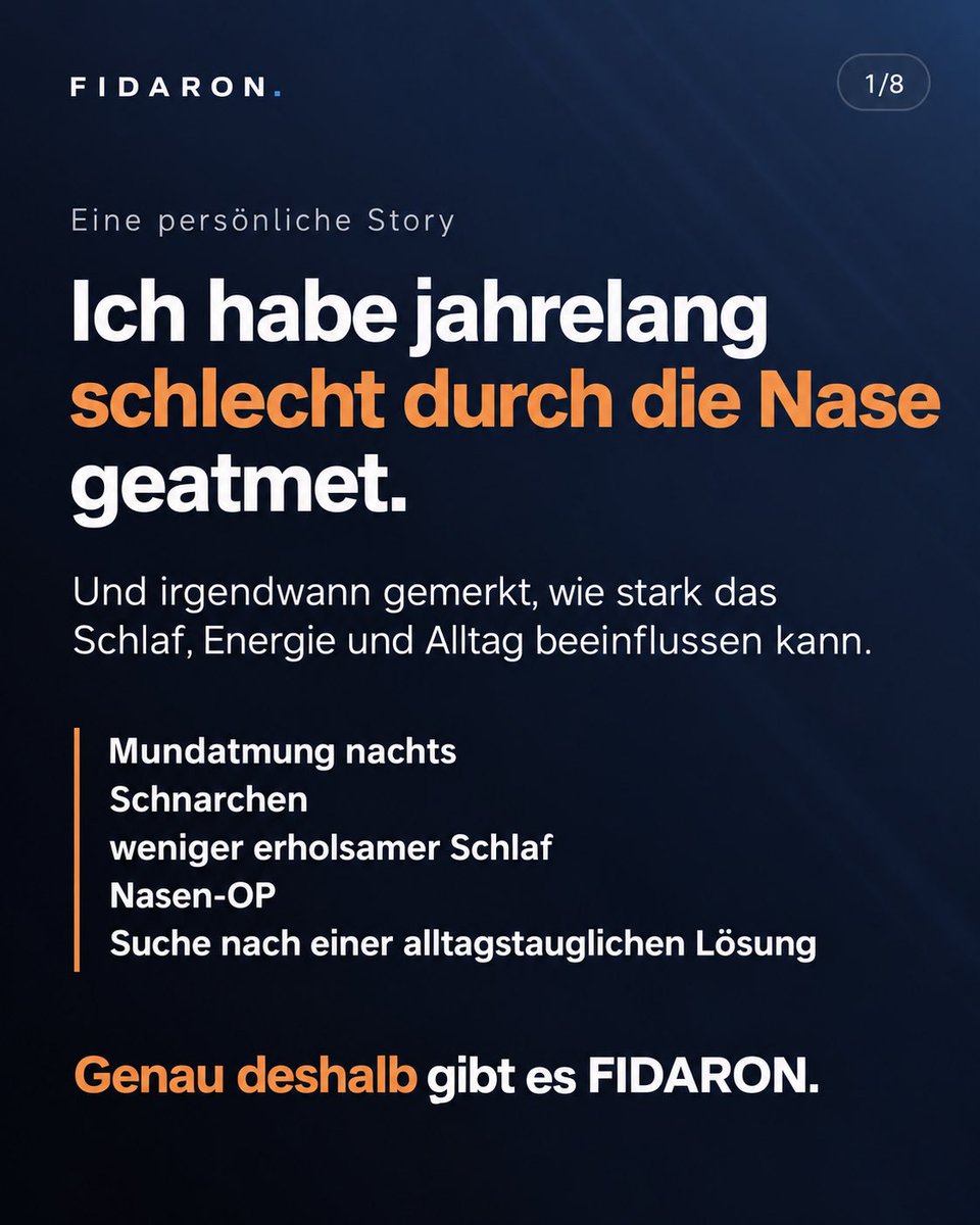 Fidaronn's tweet photo. Ich habe FIDARON nicht gegründet, weil ich unbedingt „irgendein Produkt“ verkaufen wollte.

Das Thema Nasenatmung begleitet mich schon lange. Spätestens nach meiner Nasen-OP habe ich nochmal ganz anders gemerkt, wie sehr freie Nasenatmung Schlaf, Alltag und Wohlbefinden beeinflussen kann.

Ich wollte deshalb etwas, das simpel ist. Unkompliziert. Clean. Etwas, das ich selbst gerne benutze und das nicht nach irgendeinem übertriebenen Gesundheitsprodukt aussieht.

Genau daraus ist FIDARON entstanden.

Heute trage ich die Nasenpflaster selbst regelmäßig beim Schlafen, beim Sport oder einfach dann, wenn ich freier durch die Nase atmen möchte.

Keine große Wunderstory.
Einfach ein Produkt, hinter dem ich selbst stehe.

BREATHE SMART. SLEEP DEEP.