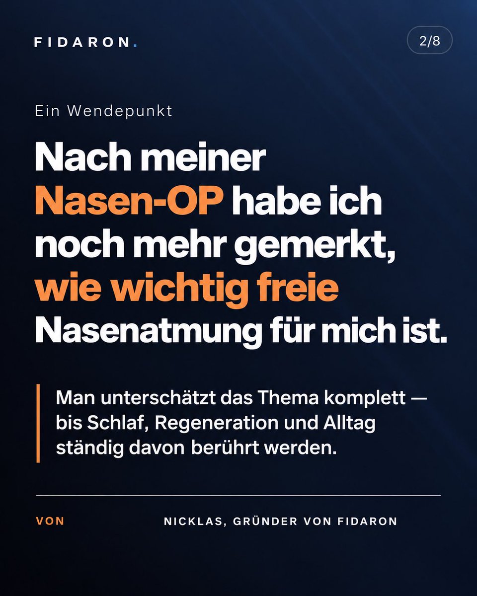 Fidaronn's tweet photo. Ich habe FIDARON nicht gegründet, weil ich unbedingt „irgendein Produkt“ verkaufen wollte.

Das Thema Nasenatmung begleitet mich schon lange. Spätestens nach meiner Nasen-OP habe ich nochmal ganz anders gemerkt, wie sehr freie Nasenatmung Schlaf, Alltag und Wohlbefinden beeinflussen kann.

Ich wollte deshalb etwas, das simpel ist. Unkompliziert. Clean. Etwas, das ich selbst gerne benutze und das nicht nach irgendeinem übertriebenen Gesundheitsprodukt aussieht.

Genau daraus ist FIDARON entstanden.

Heute trage ich die Nasenpflaster selbst regelmäßig beim Schlafen, beim Sport oder einfach dann, wenn ich freier durch die Nase atmen möchte.

Keine große Wunderstory.
Einfach ein Produkt, hinter dem ich selbst stehe.

BREATHE SMART. SLEEP DEEP.