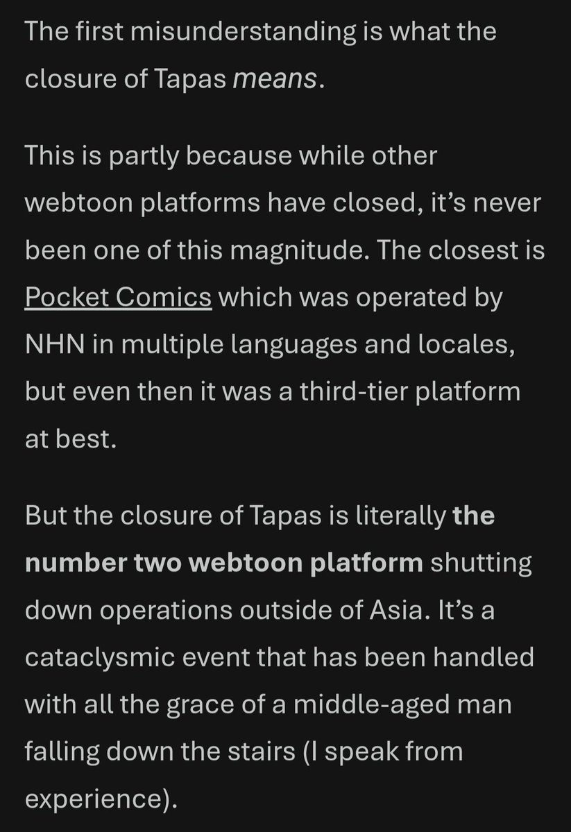 osakuroha's tweet photo. I really recommend anyone interested in Webtoons beyond just reading them to follow Mike Song's substack, one of the best (if not the best) voices in the Webtoon industry.

Had been waiting for more from him about the Tapas closure, and he didn't disappoint: https://t.co/6g8Ke3L2hr