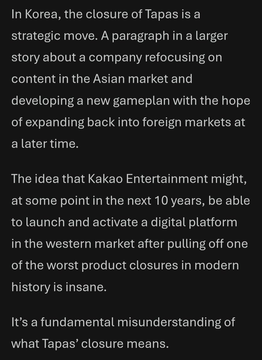 osakuroha's tweet photo. I really recommend anyone interested in Webtoons beyond just reading them to follow Mike Song's substack, one of the best (if not the best) voices in the Webtoon industry.

Had been waiting for more from him about the Tapas closure, and he didn't disappoint: https://t.co/6g8Ke3L2hr