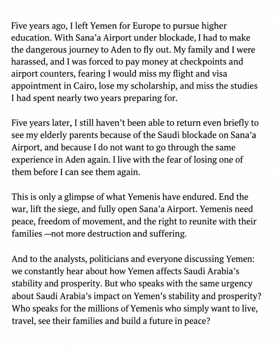ZAliMNQ's tweet photo. To the world: Yemenis are no less human than anyone else. We have the same rights, the same dignity, and the same hopes. The difference is that your rights are protected, while ours are too often denied. Yemenis have suffered enough. https://t.co/9Oo7qlv8uk