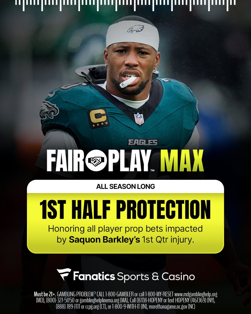 FanaticsSports's tweet photo. FAIR PLAY™ activated. Honoring all player prop bets impacted by Saquon Barkley's 1st Qtr injury. https://t.co/of0kT0iblQ