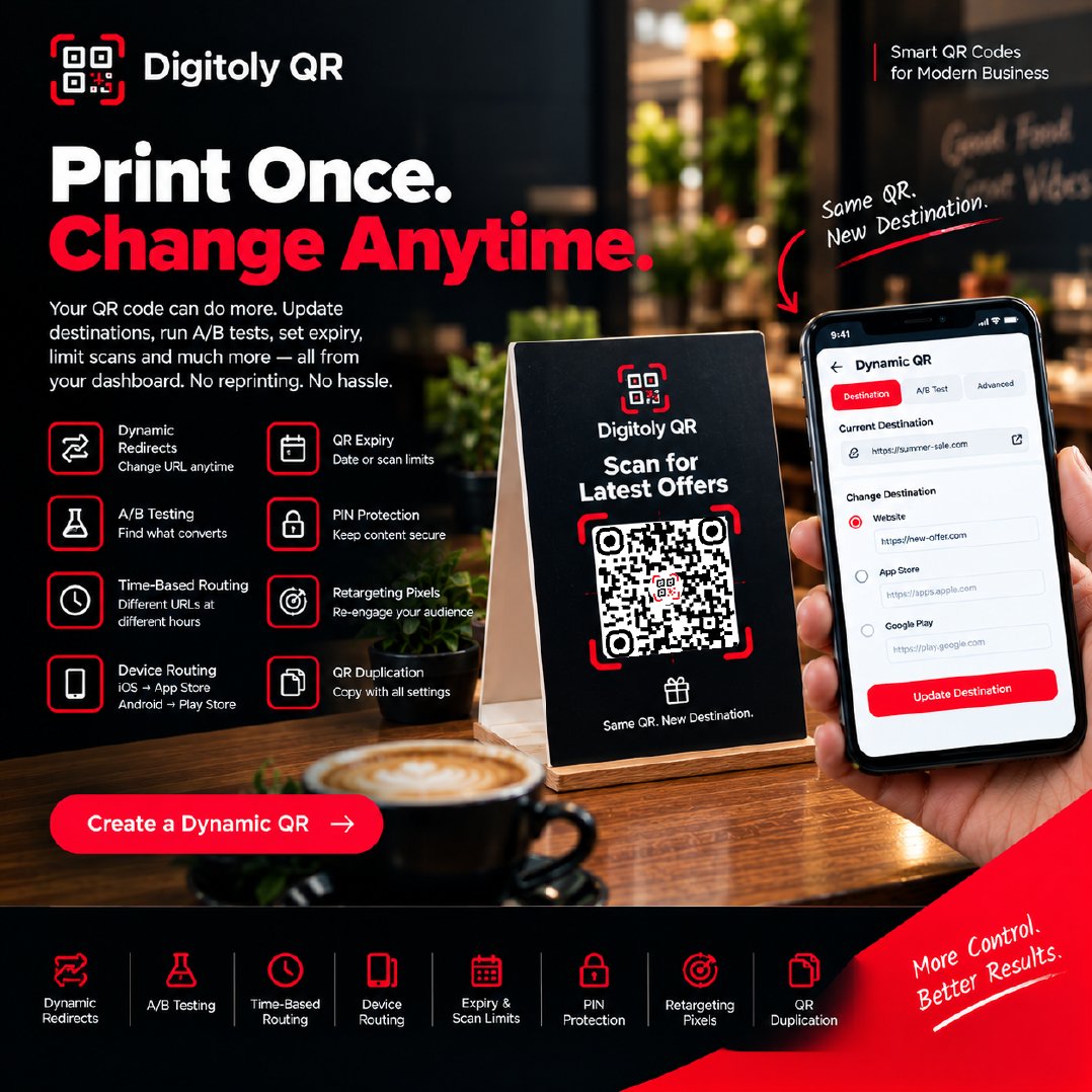 digitoly's tweet photo. Print once. Change anytime!
With Digitoly QR, you can update destinations, run A/B tests, set expiry dates, and manage device routing directly from your dashboard.
🔗 Create a Dynamic QR today at https://t.co/lUazvJxRxW
#DigitolyQR #SmartQR #DynamicQR #QRCode  #SmartBusiness https://t.co/CnyT1npEDr