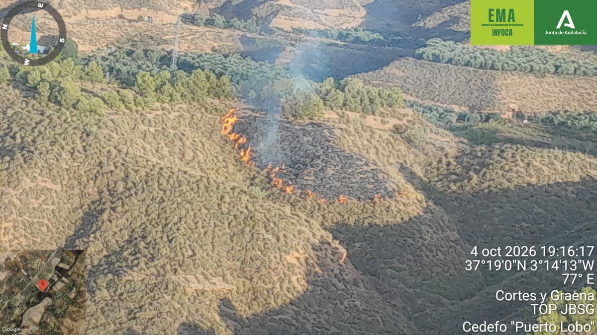 Plan_INFOCA's tweet photo. 🔴 DECLARADO #IFCortesYGraena (Granada).  

MEDIOS:
🧑‍🚒 3 grupos de bomberos forestales, 1 técnico de operaciones, 1 agente medioambiental
🚒 2 autobombas
🚁 1 ligero https://t.co/GrmLo27cqD