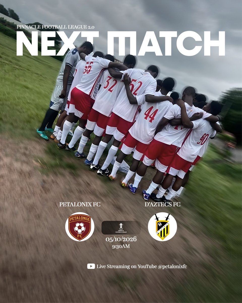 petalonixFC's tweet photo. 🔥 NEXT MATCH! 🔥

Petalonix FC 🆚 D’Aztecs FC
🏆 Pinnacle Football League 2.0
📅 5 October 2026
⏰ 9:30 AM

Time to step up. One team. One mission. Three points. 💪⚽

📺 Live on YouTube: @petalonixfc

#PetalonixFC #PinnacleFootballLeague #Matchday #Petalonix #DaztecsFC https://t.co/dkDjvxz0a2