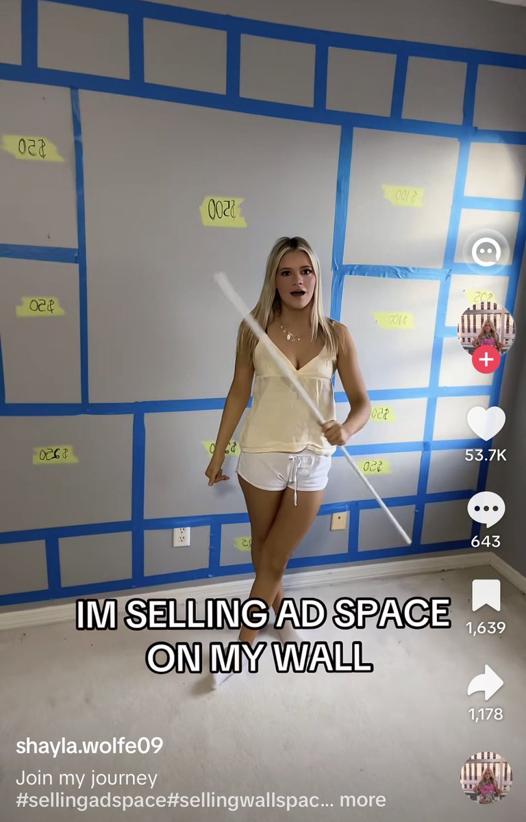 leo1yu's tweet photo. TikTok girl selling ad space on her wall to pay for tuition 

not bad kid https://t.co/HjWJxoNxmc