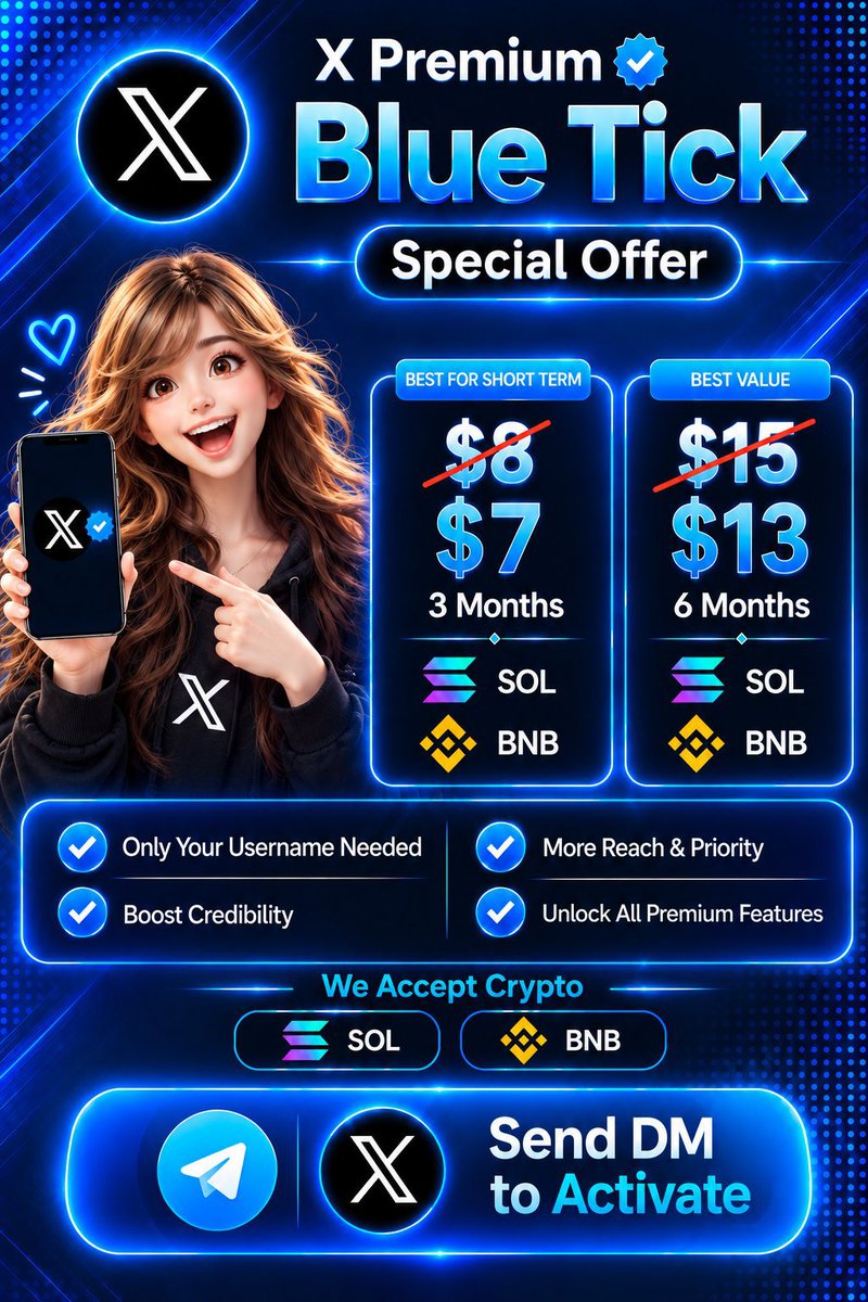 MissCrypto_01's tweet photo. ✨ X Premium Blue Tick — Special Offer! 💙

💰 $7 — 3 Months
💰 $13— 6 Months

💙 X Premium Blue Checkmark
🚀 Premium Features
📈 More Reach & Priority
🔐 Premium benefits

💳 We Accept Crypto: SOL • BNB

📩 Send DM to Activate

#XPremium #BlueTick #X #Crypto
#سر_بکف_میدان_میں #عوامی_سمندر_سڑکوں_پر