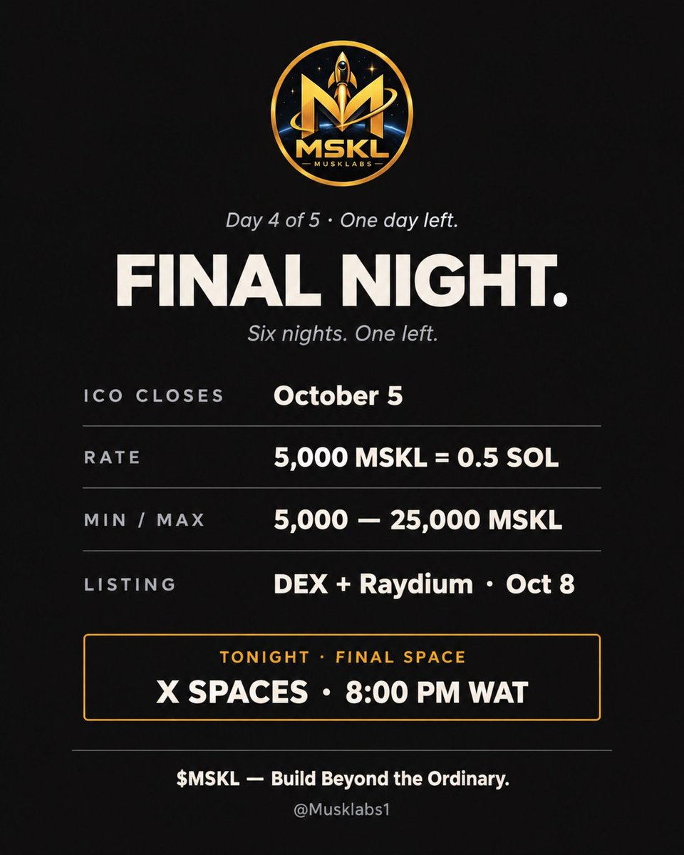 Musklabs1's tweet photo. Day 4 of the ICO. One day left.

Tonight is the final Space of the six-night run. Tomorrow the ICO closes. Then the listing on Oct 8.
Everything's been public since day one. Nothing hidden. If you've been waiting to look properly, today and tomorrow are your window.
• 5,000 MSKL = 0.5 SOL
• Min 5,000 / Max 25,000 MSKL
• Solana · MSKL/SOL pair
• Listing locked for Oct 8 on DEX + Raydium
Final Space tonight. 8PM WAT.
$MSKL @Musklabs1