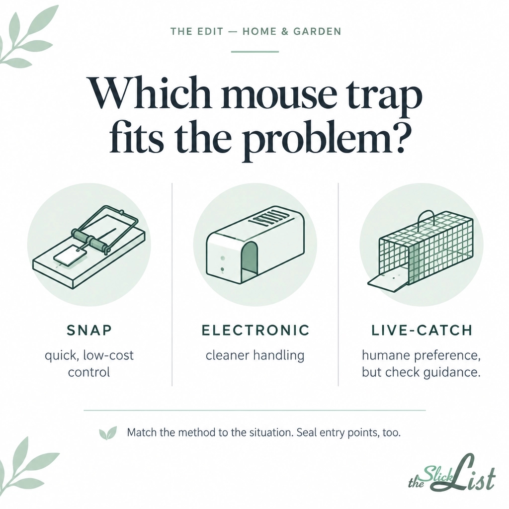 theSlickList's tweet photo. Which fits? Snap = quick, low-cost control. Electronic = cleaner handling. Live-catch = non-lethal preference, but check CDC guidance. Seal entry points, too. AI-assisted visual. #MouseTraps #PestControl #theSlickList https://t.co/uDZH8AEX5M