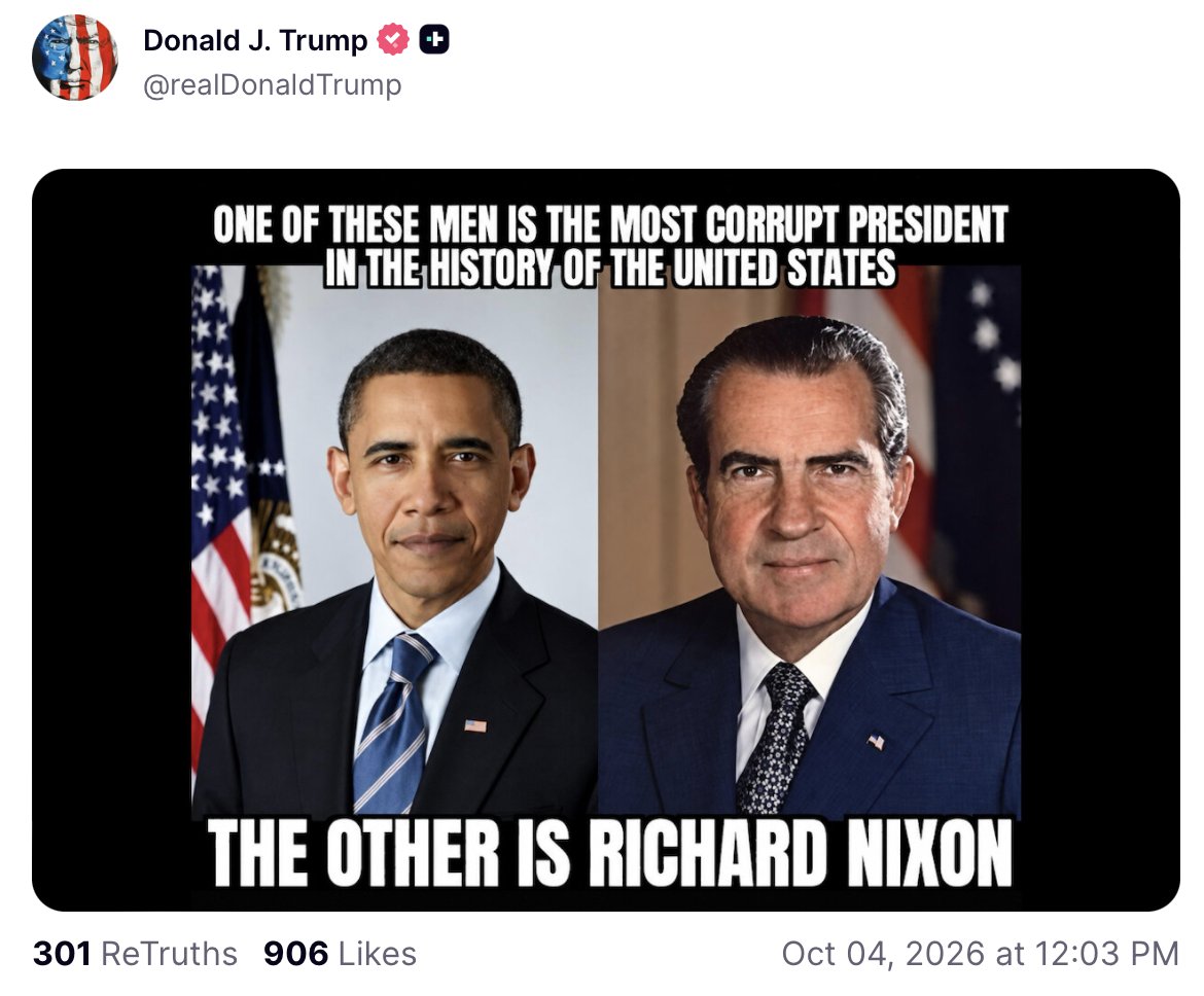 theblaze's tweet photo. Trump drops photo of Obama and Nixon: "One of these men is the most corrupt president in the history of the United States. The other is Richard Nixon." https://t.co/6CEFge5a9W