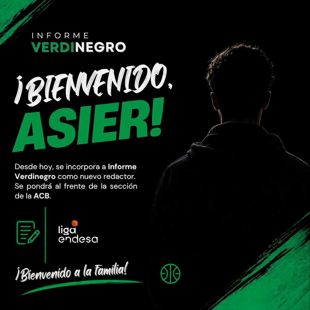 InfoVerdinegro's tweet photo. 📰 ¡Bienvenido a la familia, @asiieeer_3!

📝 Asier será el encargado de firmar las previas y crónicas generales de cada jornada ACB, analizar a fondo el partido de la semana y ofrecer un completo repaso de resultados, estadísticas y MVPs.

¡Mucha suerte en esta nueva etapa! https://t.co/ODmpltRQOU