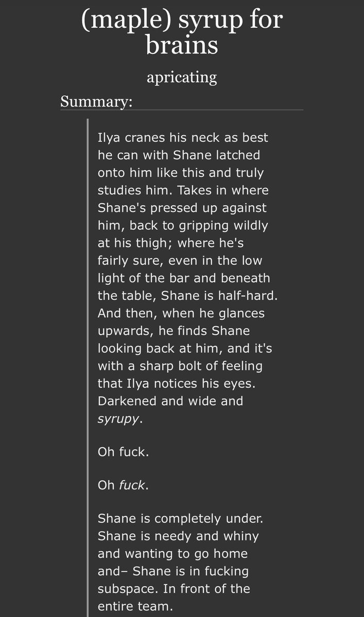 apriicating's tweet photo. kinktober day 4!! subspace

(maple) syrup for brains

6.9k words 😏, rated e, #hollanov

featuring:
- sub of all time hollander
- dom of all time rozanov 
- shane getting finger fucked sloppily in ilya’s car 

https://t.co/bKN0SgQj7y https://t.co/gGBtlmOA22