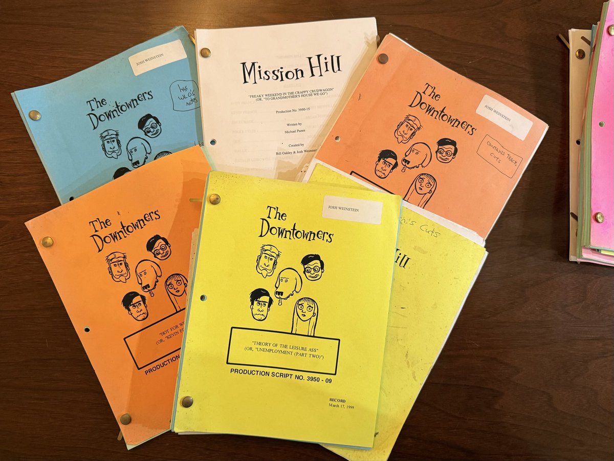 Joshstrangehill's tweet photo. Just found a box of Mission Hill scripts in my garage including:

- Scripts for partially produced episodes (like script in middle)
-Table read/record scripts with scenes we cut

-Lifesized Kevin &amp; Posey waiting for a new life

I'll post cut scenes and other delights in this 🧵 https://t.co/w90U2IHQjD