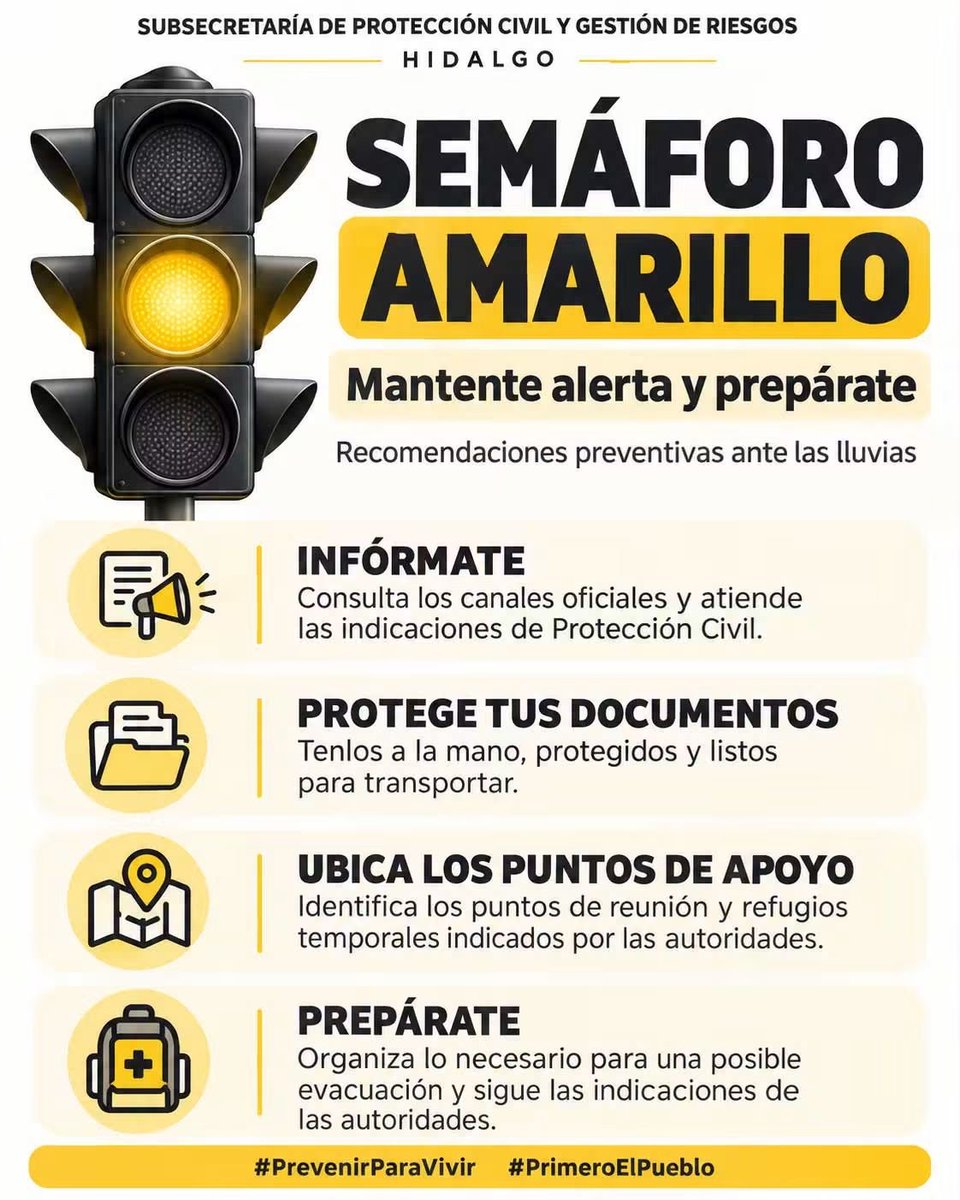 JaquiServin's tweet photo. ⚠️La Subsecretaría de Protección Civil y Gestión de Riesgos del Estado de Hidalgo, emite recomendaciones ante las lluvias pronosticadas para los días 4 y 5 de octubre.

🌧️ Estas precipitaciones pueden provocar inundaciones, crecidas de ríos y arroyos, escurrimientos y deslaves. https://t.co/ly8HEqjfBn