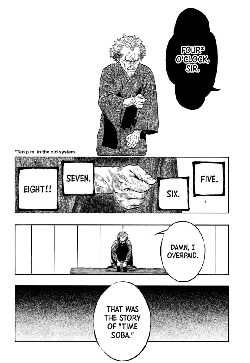 AlderDSBlue's tweet photo. Ending on that kind of dry humor with the man doing the trick wrong and paying double by accident after Issho was presented as something incredibly imposing is such a good way to snap you back out of the story right as it’s ending. What an insanely good way to top it off. https://t.co/uZJJ8eEry0