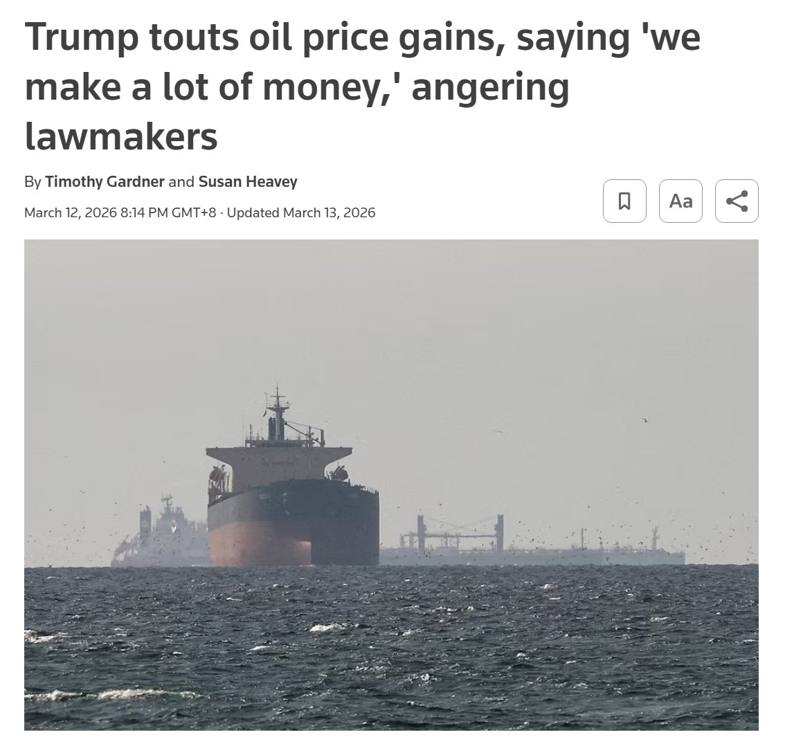 zhao_dashuai's tweet photo. In March 2026, one month into Trump and Netanyahu's 3 day special military operation against Iran, Trump bragged how the "We are going to make a lot of money due to oil price hikes".

It was not clear who's "we", But it's safe to assume, if you're conscious about gas and grocery prices, then you're not part of the "We".