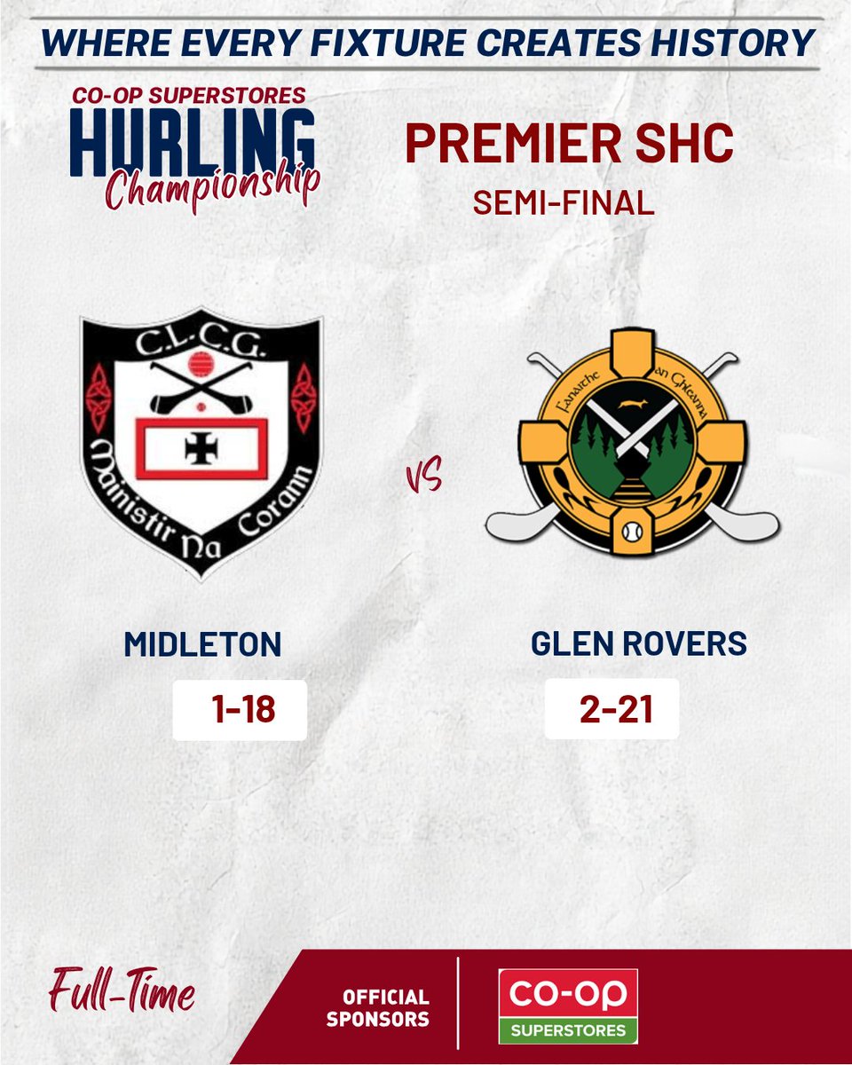 OfficialCorkGAA's tweet photo. RESULTS
The results are in from Premier SHC action.
π Co-Op Superstores Premier SHC
@MidletonGaa 1-18 - 2-21 @GlenRovers_
For more information, check out https://t.co/82C3IiRhoy
#CorkGAA #GAACork #PremierSHC #Results https://t.co/DD5Rn7fKFE