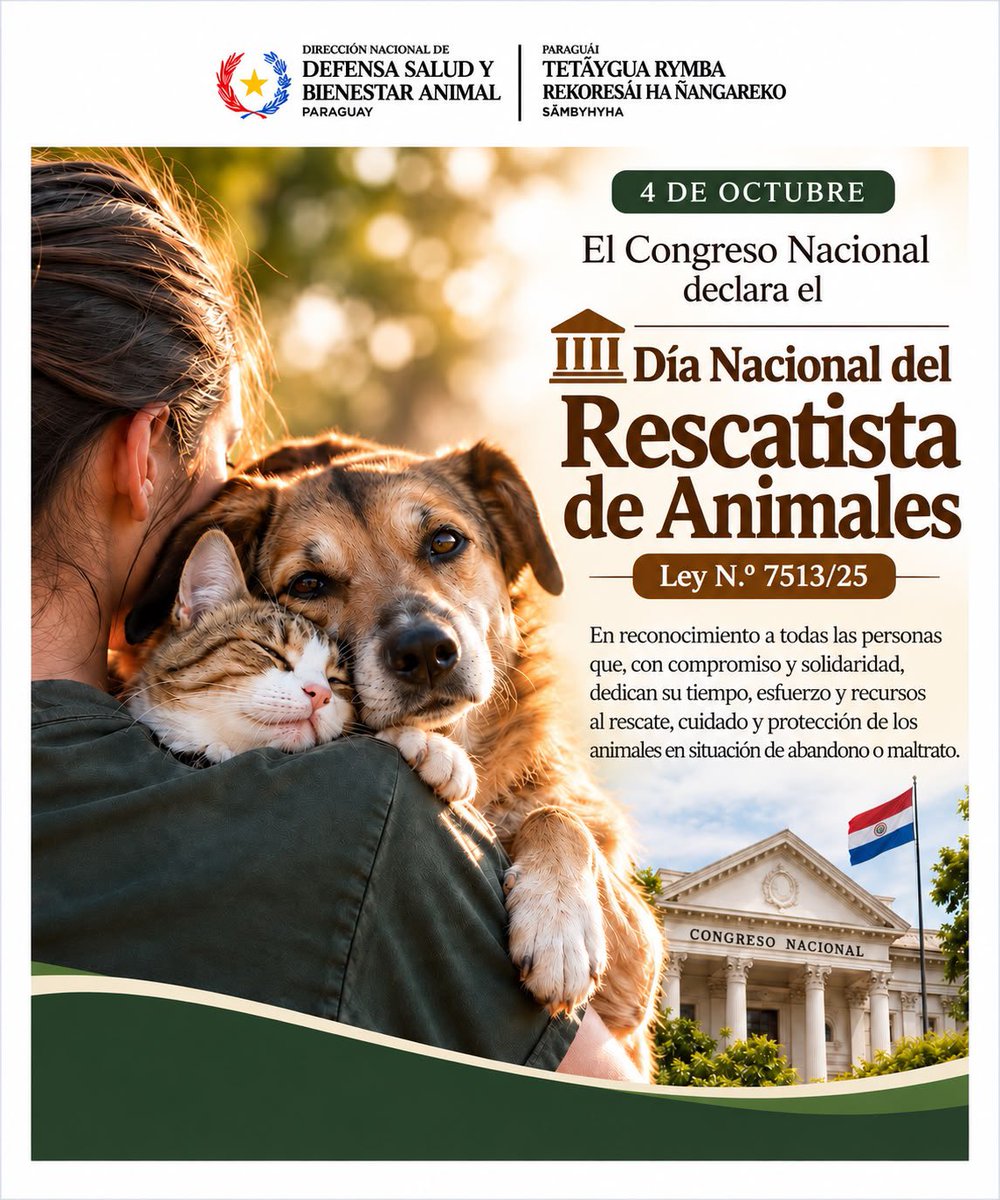 defensanimalpy's tweet photo. 4 DE OCTUBRE - DÍA NACIONAL DEL RESCATISTA DE ANIMALES

El Congreso Nacional declara el Día Nacional del Rescatista de Animales. https://t.co/MkN5VwMKFb