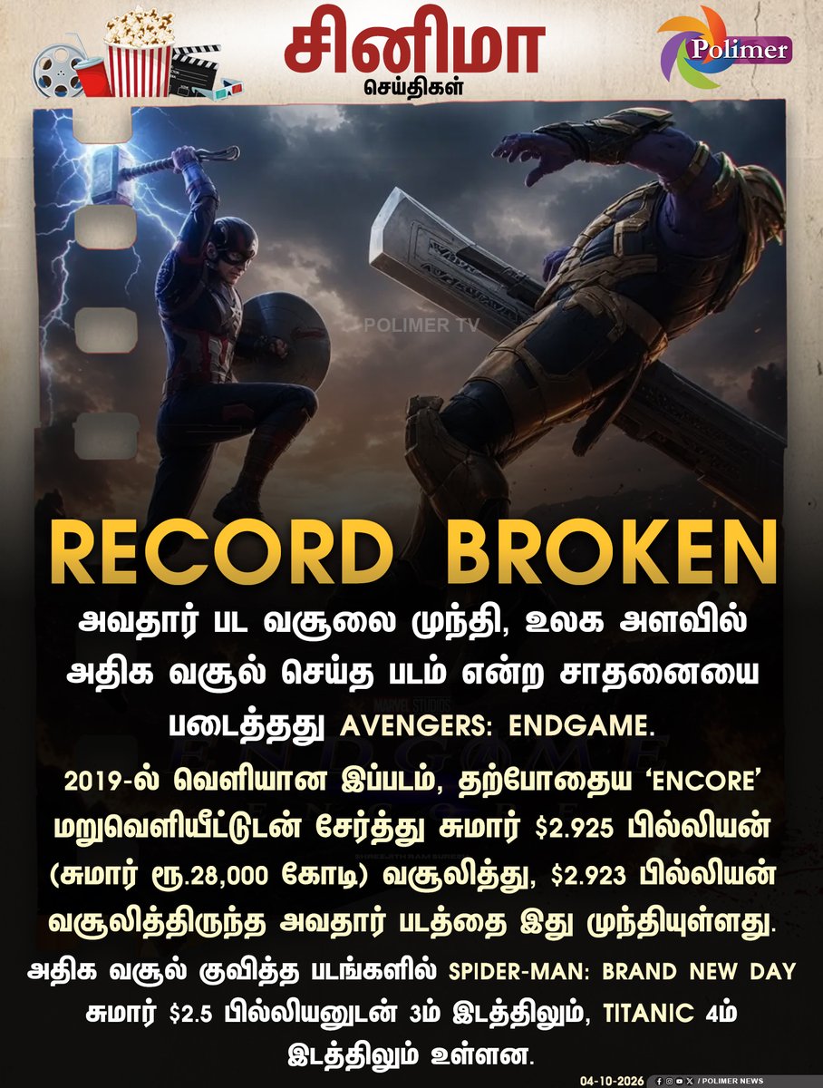 polimertv's tweet photo. உலக அளவில் அதிக வசூல் செய்த படம் என்ற சாதனையை படைத்தது 'அவெஞ்சர்ஸ்: எண்ட்கேம்'..!

#Marvel | #AvengersEndgame | #CinemaUpdate https://t.co/228Oo2UZGF
