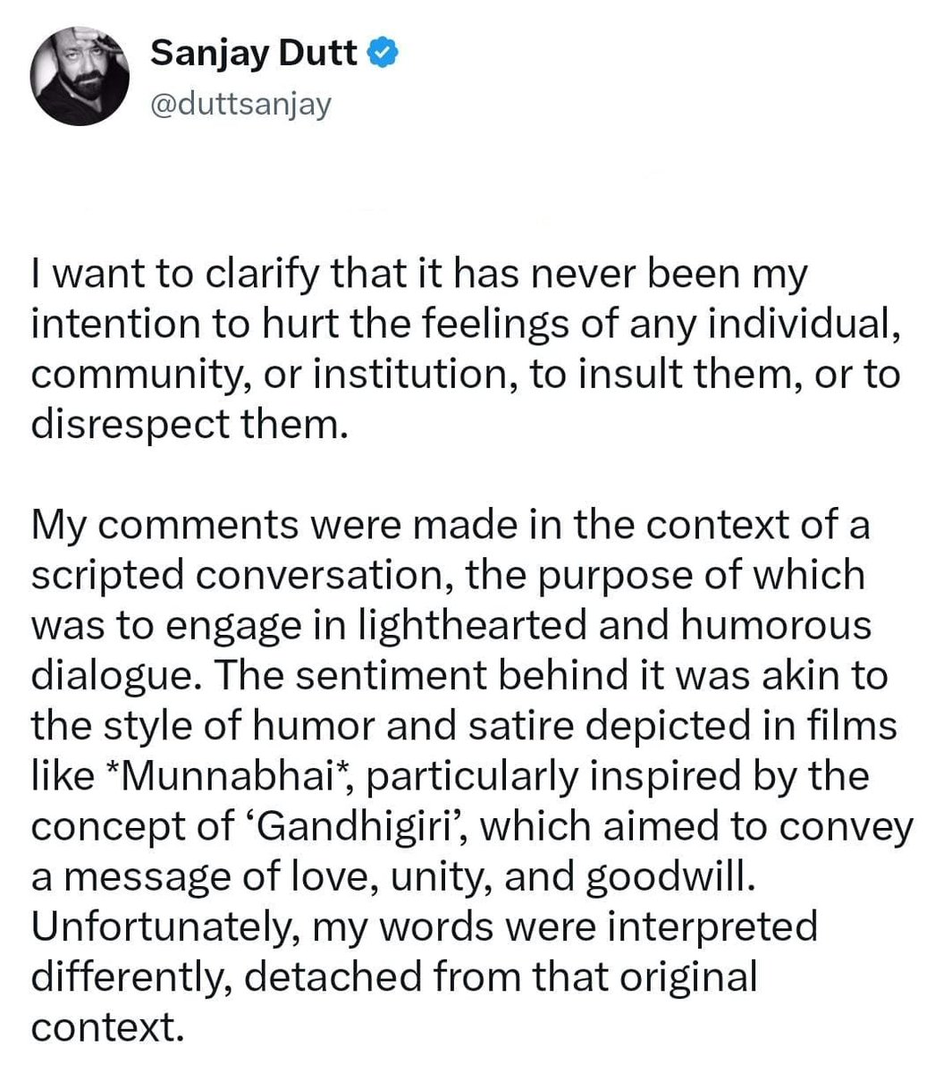 Suzenbabu's tweet photo. #Bollywood నటుడు #Sanjaydutt
శేఖర్ సుమన్ నిర్వహించే శేఖర్ టునైట్ కార్యక్రమంలో గెస్ట్ గా హాజరయి మాట్లాడారు..
#India లో తాను గతంలో అనుభవించినంత ప్రశాంతత ఇప్పుడు అనిపించడం లేదని అన్నారు.
#Indians గొప్ప మనసున్న వారని, అతిథి ప్రియులని ప్రశంసిస్తూ మళ్లీ ఆ నాటి రోజులు తిరిగిరావాలని తాను ప్రార్థిస్తున్నట్ల��� తెలిపారు.
సంజయ్ కామెంట్స్ సోషల్ మీడియాలో చర్చనీయాంశం అయ్యాయి..
సంజయ్ ఎవరినో టార్గెట్ చేస్తూ మాట్లాడారంటూ కధనాలు మొదలవటంతో ..
తాజాగా ఎక్స్ వేదికగా సంజయ్ దత్ క్లారిఫికేషన్ ఇచ్చారు..
ఏ వ్యక్తి, సమాజం లేదా సంస్థ యొక్క మనోభావాలను దెబ్బతీయడం, వారిని అవమానించడం లేదా అగౌరవపరచడం నా ఉద్దేశ్యం ఎన్నడూ కాదని నేను స్పష్టం చేయాలనుకుంటున్నాను.
నా వ్యాఖ్యలు ముందుగా రాసుకున్న ఒక సంభాషణ సందర్భంలో చేయబడ్డాయి,
దాని ఉద్దేశ్యం తేలికపాటి, హాస్యభరితమైన సంభాషణలో పాల్గొనడం.
దాని వెనుక ఉన్న భావన, ప్రేమ, ఐక్యత మరియు సద్భావన సందేశాన్ని అందించే లక్ష్యంతో ఉన్న #gandhigiri' భావన నుండి ప్రత్యేకంగా ప్రేరణ పొందిన #Munnabhai వంటి చిత్రాలలో చిత్రీకరించిన హాస్యం మరియు వ్యంగ్య శైలిని పోలి ఉంది.
దురదృష్టవశాత్తు, నా మాటలను వాటి అసలు సందర్భానికి సంబంధం లేకుండా వేరే విధంగా అన్వయించారని తెలిపారు..
#controversy #Dada #Shekartonight