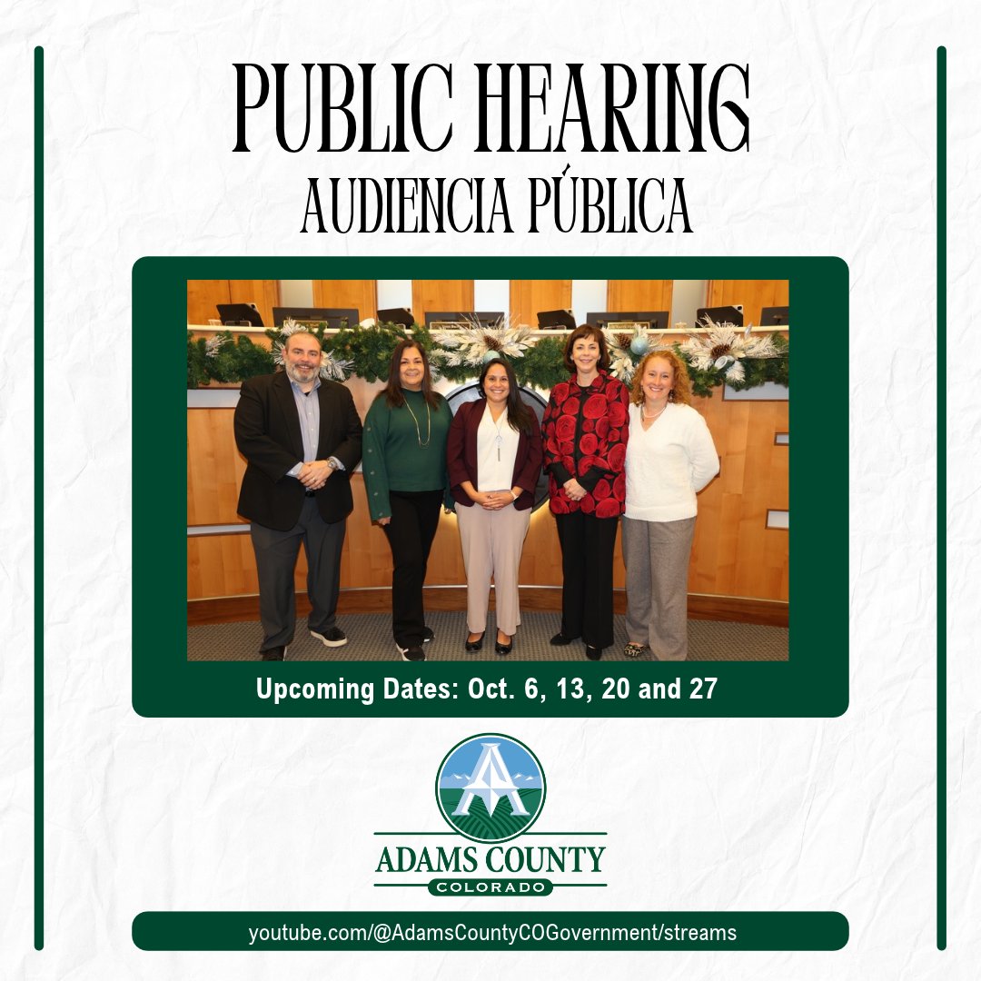 adamscountygov's tweet photo. Our Board of County Commissioners invites you to join an upcoming public hearings to learn more about county projects, provide public comment, and stay informed.

Attend in person at the Adams County Government Center or watch the livestream: https://t.co/26y3ne6wvh https://t.co/z2xRmPuJrF