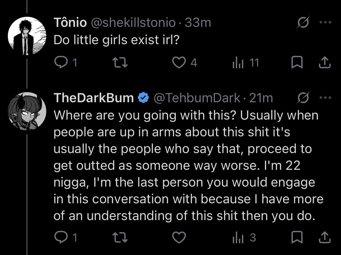 shekillstonio's tweet photo. @TehbumDark @TheFinalMasterM @hedyingtoher @TheJ42069 Now why you lying about saying you answered my question, at least I know little girls exist https://t.co/VOCI0guYEz