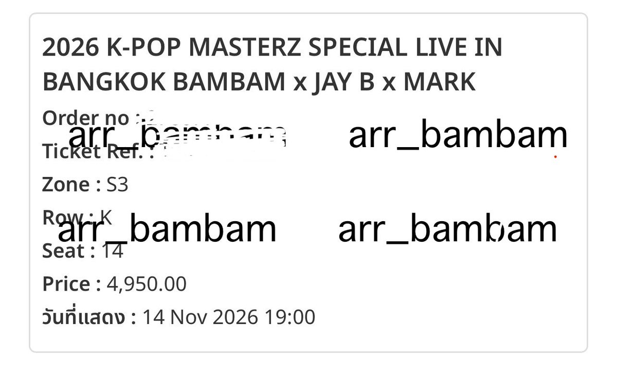 arr_bambam's tweet photo. ฝากปล่อยบัตรคับ ราคาตามที่กดเลย ผ่อนจ่ายได้ถึงใวันคอน รับบัตรหน้างาน เข้าพร้อมกันนั่งใกล้กัน เพื่อนไปอีกวันแล้ว ปล่อยวันเสาร์ 4900 S3 แถว K ไปจอยกันคับ 

#KPOPMASTERZ_SPECIAL_LIVE_IN_BANGKOK https://t.co/O5oPmJfbts
