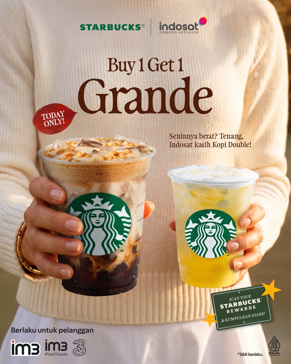 SbuxIndonesia's tweet photo. Instant mood booster for your Monday is here~ ☕️✨

Khusus buat kamu pengguna IM3, IM3 Platinum, dan Tri, tinggal claim kupon di myIM3 atau Bima+ dan dapetin BOGO Grande favoritmu!

T&C Apply
• Customer wajib menunjukan bukti 'Kupon Berhasil Ditukar/Voucher Used' pada aplikasi INDOSAT untuk mendapatkan promo.
• Berlaku setiap Hari Senin
• Promo BOGO tidak dapat digabung dengan promo lain.
• Dalam 1 struk hanya bisa mendapatkan 1 minuman gratis.
• Free minuman berlaku untuk minuman dengan harga sama atau lebih murah dengan harga minuman yang dibayarkan.
• Gratis 1 minuman yang berlaku adalah semua handcrafted beverage (hot atau iced) , tidak berlaku untuk ready to drink (minuman dalam kemasan).
• Add-on dibayarkan secara full price oleh customer.
• Berlaku hanya untuk 1 pengguna untuk 1x transaksi di hari Senin.
• Untuk pembayaran, dilakukan pada mesin EDC BCA dan dapat menggunakan metode pembayaran apapun.
• Customer wajib scan member pada aplikasi Starbucks Rewards.
• Promo hanya bisa ditukarkan in-store only dan tidak berlaku untuk pembelian melalui delivery channel dan Mobile Order.