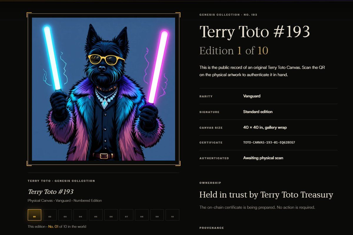 TERRYTOTO_XRPL's tweet photo. Terry Toto NFT #193: Canvas #01 of 10.
> Ceritification on XRPL (Tokenized RWA) that can be carried around and verifiable. 
> QR Code on canvas is also authenticate true canvas and ownership  
https://t.co/RoRTakACz4

That's not all: Ties to Totonia Passport/Citizenship
Passport > Citizenship
+ a NFT > NFT Citizenship
+ a Canvas > Legendary Citizenship
https://t.co/dkjW9Fak4N
(Rewards/Perks go up in higher citizenship)