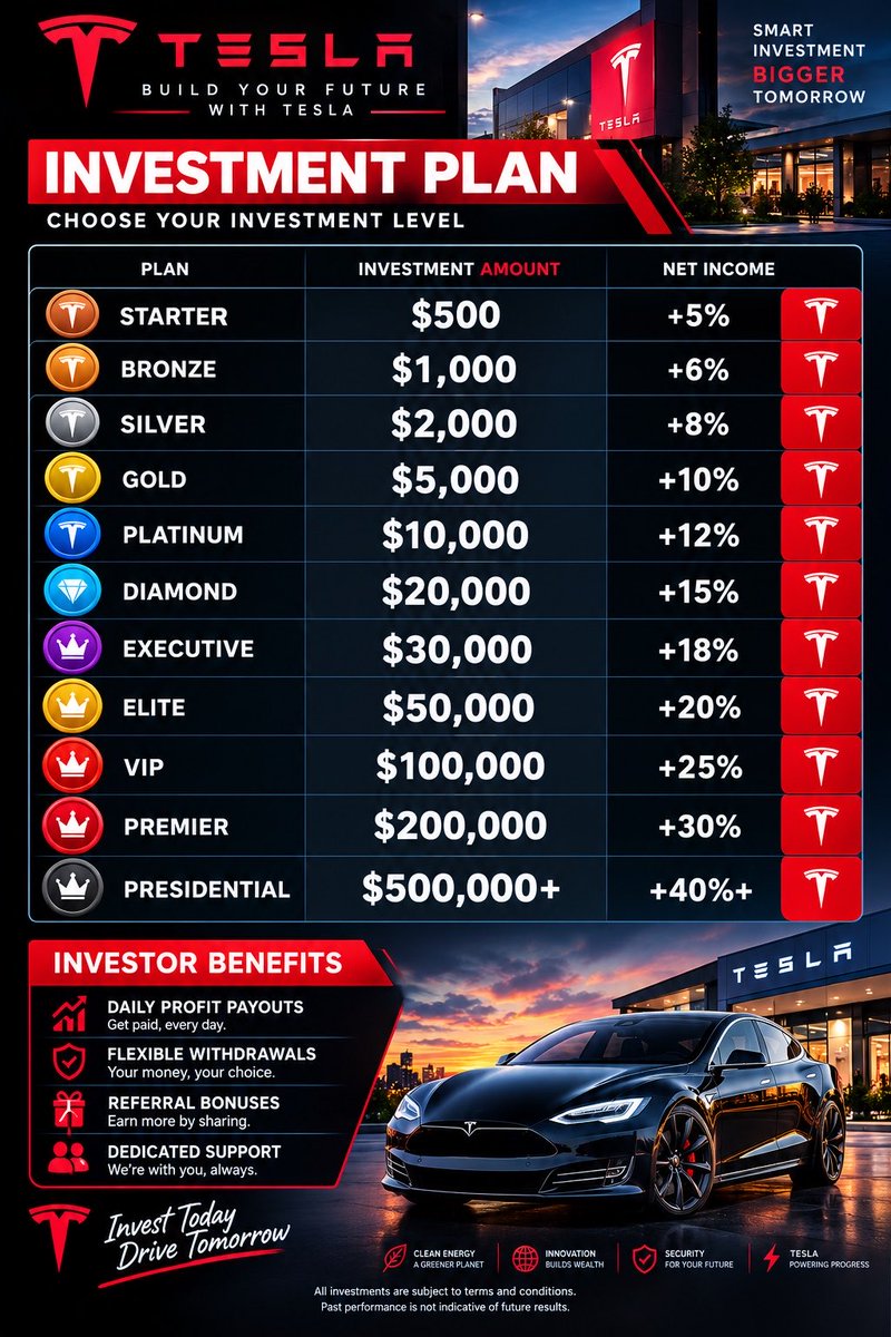 Ceoofteslaviwb's tweet photo. 🚀 Which Investment Level Would You Choose?

👑 GOLD — $5,000
⚡ PLATINUM — $10,000
💎 DIAMOND — $20,000
🚀 EXECUTIVE — $30,000

Which one would you pick and why? 👇
Start small or go big? 💰🚀

Drop your choice in the comments! 💬🔥 https://t.co/nEbIkps3FS