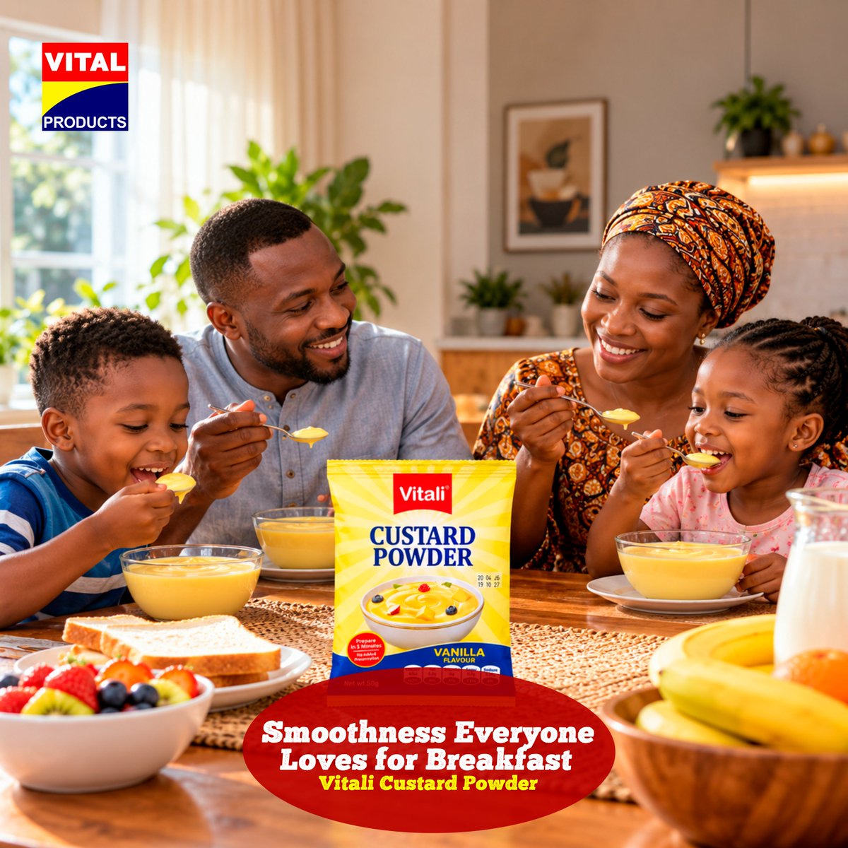 VProductsplc's tweet photo. Whether it is breakfast for the family or a quick meal before the day begins, Vitali Custard Powder makes every serving smooth and enjoyable.

#VitalProducts #VitaliCustard https://t.co/q4hQCUnriS