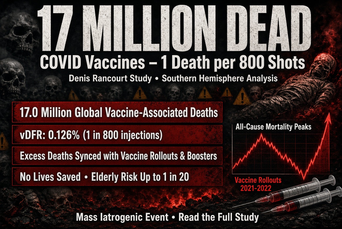ValerieAnne1970's tweet photo. COVID Vaccines Linked to 17 MILLION Deaths Worldwide — 1 in 800 Shots Are Fatal.

According to a detailed analysis by physicist Denis Rancourt and colleagues of all-cause mortality data from 17 Southern Hemisphere and equatorial countries:

• Unprecedented spikes in deaths occurred right after vaccine rollouts and booster campaigns.
• No measurable lives saved. Excess deaths synced tightly with injection campaigns.
• Vaccine Dose Fatality Rate (vDFR): ~0.126% → 1 death per 800 injections.
• Extrapolated globally: 17.0 million vaccine-associated deaths from ~13.5 billion doses.

In some countries, elderly booster recipients faced risks as high as 1 in 20.

This wasn't a "pandemic of the unvaccinated." The data shows the opposite pattern.

Read the full study linked and attached below: "COVID-19 vaccine-associated mortality in the Southern Hemisphere" by Rancourt, Baudin, Hickey & Mercier.