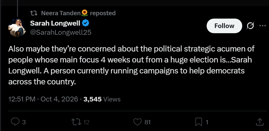 actingliketommy's tweet photo. Meanwhile, Sarah Longwell has arrived at her Hasan Piker moment where she wonders why a group has made the election about her and not the candidate.

It's hilarious to see her cry about this after her attacks on Piker, who helped dems win nationwide. https://t.co/SVJBWlcURt