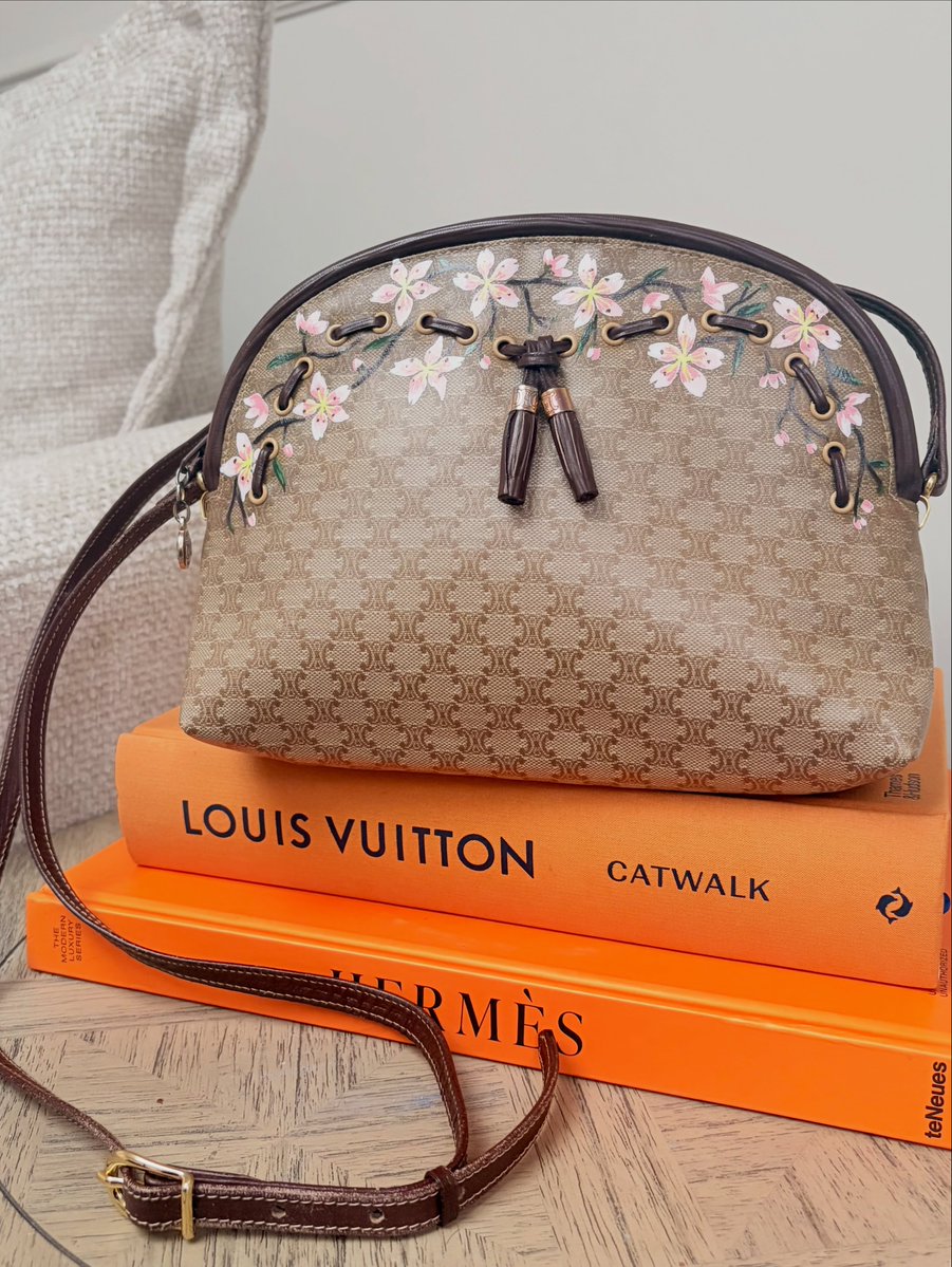 william79962935's tweet photo. Vintage Celine Macadam, reimagined with blooming blossoms. Acrylic leather paint by Angelus. https://t.co/Gm2hSzpnll