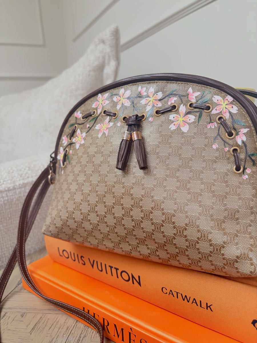 william79962935's tweet photo. Vintage Celine Macadam, reimagined with blooming blossoms. Acrylic leather paint by Angelus. https://t.co/Gm2hSzpnll
