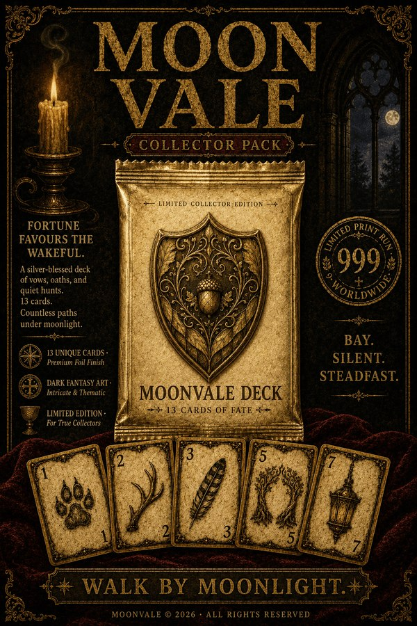RiverholdGame's tweet photo. Two new Collector decks struck for the Riverhold Arcana.

MOONVALE — a silver-blessed deck of vows, oaths and quiet hunts.

PILGRIM'S WAY — thirteen Cards of Fate.

999 packs of each. Never one more.

📅Moonvale 18 Oct. 
📅Pilgrim's Way 25 Oct.