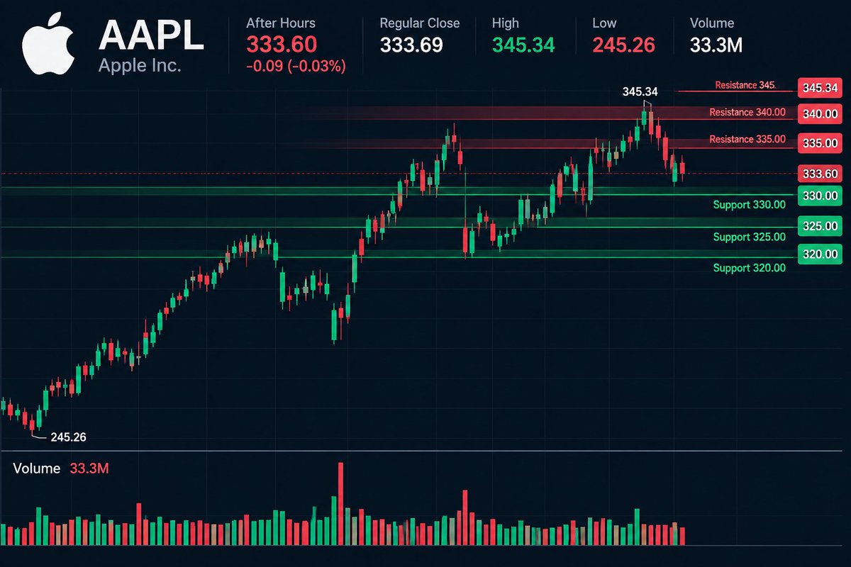 $AAPL is trading around $333.60 after hours, basically flat at -0.03%.
The chart remains trapped in a clear $330-$345 decision zone.
My take:
Hold $330 → struct