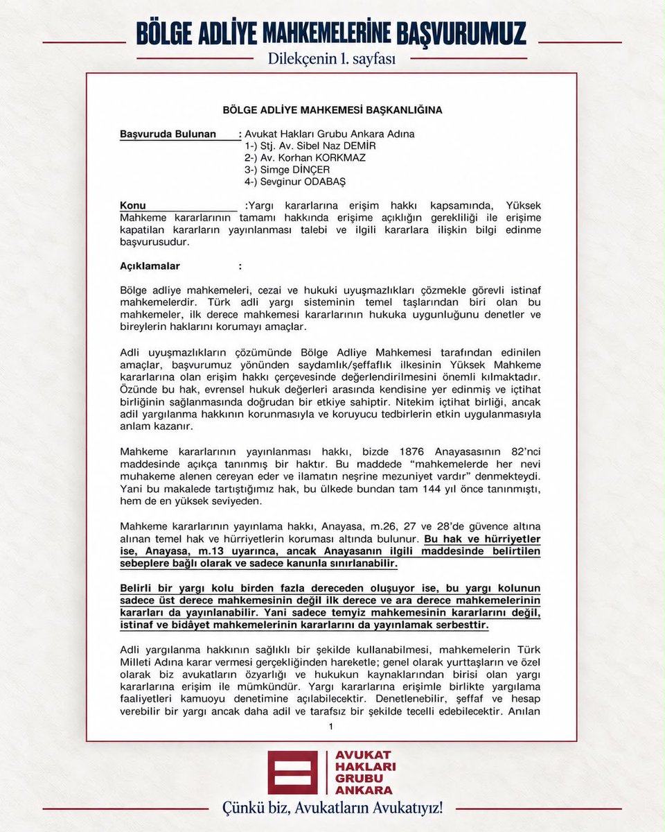 AHGAnkara's tweet photo. YARGITAY VE İSTİNAF KARARLARI AVUKATLARA ÜCRETSİZ AÇILMALI!

Kararların tamamına ücretsiz ve eksiksiz erişim için Yargıtay Başkanlığına ve 9 Bölge Adliye Mahkemesi Başkanlığına başvurduk.

İçtihada erişim, meslektaşın maddi imkânına bırakılamaz.

Çünkü biz, Avukatların Avukatıyız!