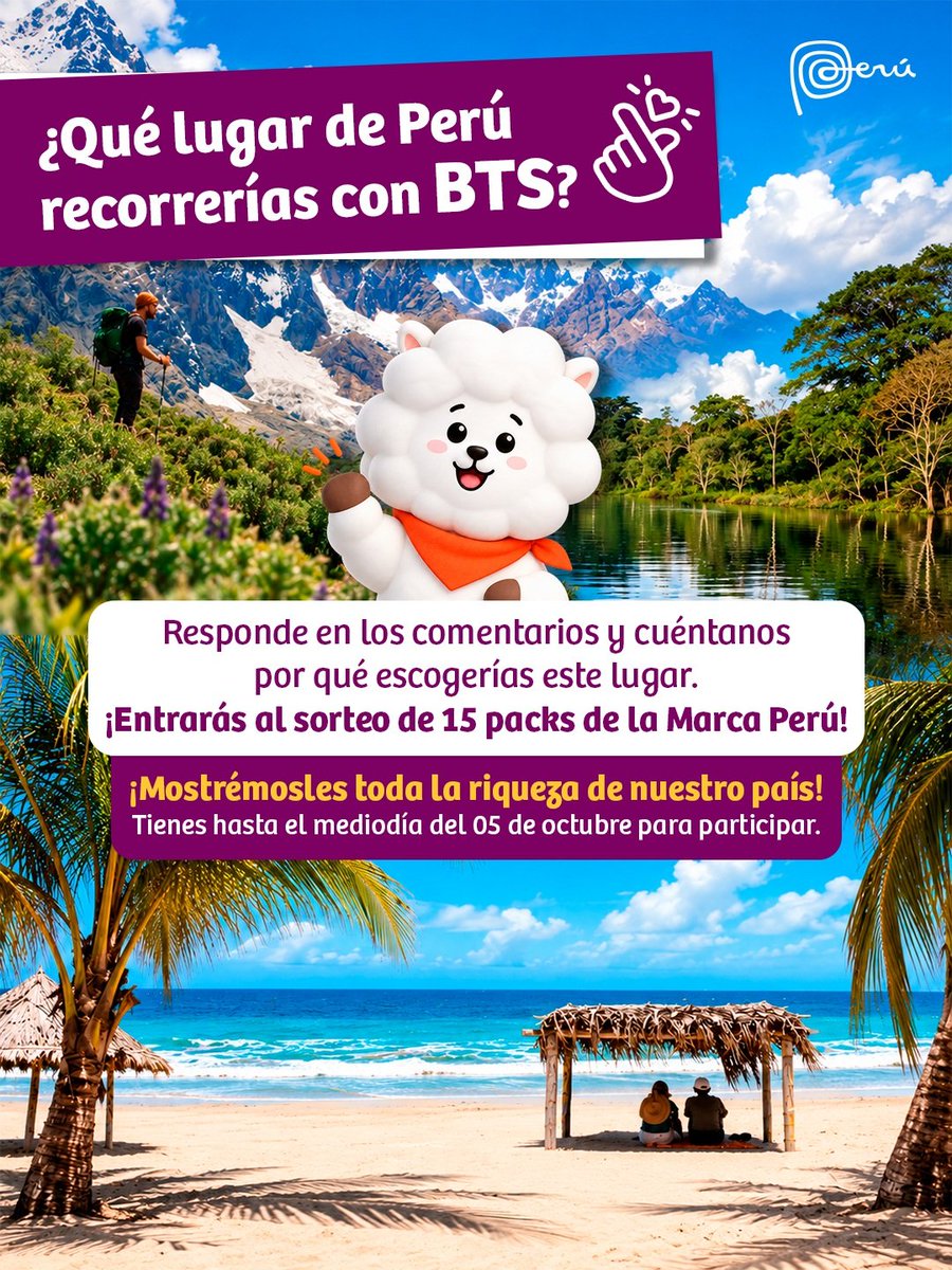 bts_peru1's tweet photo. 🎁🇵🇪 ¡¿SABÍAS QUE PUEDES GANAR UNO DE LOS 15 PACKS DE MARCA PERÚ?! 👀💜

@marcaPERU tiene un sorteo en IG y tú puedes participar contando qué lugar de nuestro país recorrerías con BTS y por qué🇵🇪✨

¡Ve al post de IG y deja tu respuesta en los comentarios! 👇
🔗https://t.co/5lr9hv3JiG

⏰ Tienes hasta mañana, 5 de octubre, al mediodía. ¡No pierdas esta oportunidad! 💜

#BTS #BTSenPeru #MarcaPeru