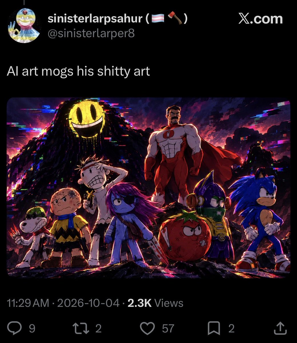 AISlopCallout's tweet photo. 1. Note the ratio (Real art: 30K, AI slop: 57).

2. The AI glazer’s username has transphobic iconography, as expected.

3. Once again, AI sloppers proving that AI is theft. Your talentless slop is not better than the original artist’s genuine artistic intent. https://t.co/2BwClUweeo