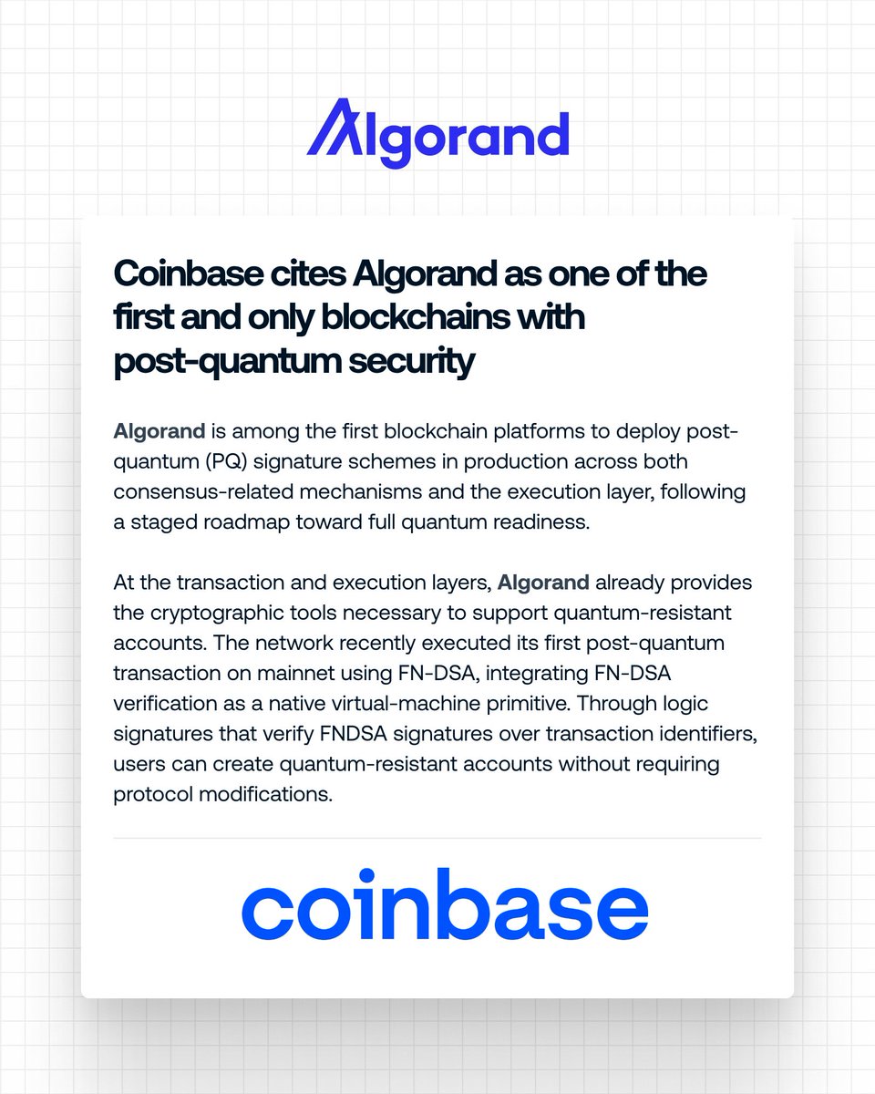 Algorand's tweet photo. This year alone:

We shipped one of our biggest protocol upgrades yet, bringing native post-quantum accounts to mainnet.

@Google and @Coinbase both highlighted Algorand's leading work in PQC, with 32 mentions in Google's landmark report.

And there's more to come. https://t.co/UAugNeSOM0