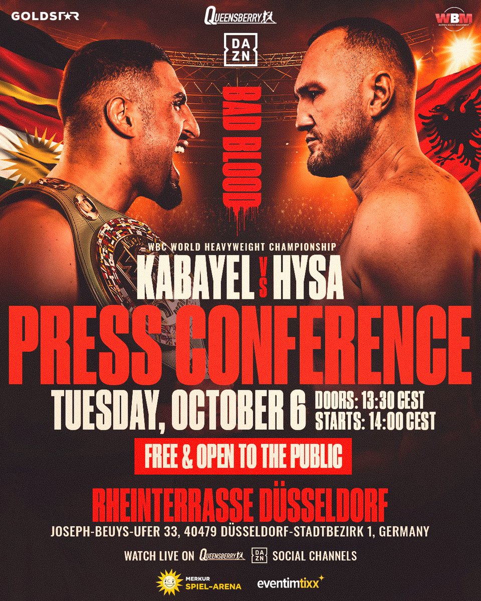 Queensberry's tweet photo. Free and open to the public! 🚨 

Expect FIREWORKS as Agit Kabayel and Nelson Hysa go face to face for the first time since their huge WBC World Heavyweight title fight announcement, this Tuesday in Düsseldorf 💥 🇩🇪 🇦🇱 

#KabayelHysa https://t.co/7W6gFiYEe4