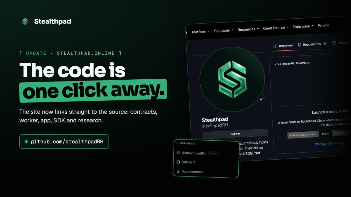 stealthpadRH's tweet photo. You can now find us on GitHub, straight from https://t.co/YKsMmgIWqN.

Every repo behind the pad is public at https://t.co/GT9yKERenk: the contracts, the worker that runs rounds, the app, the SDK and the research.

Curious how the vault works, or what we are building next? It is all there for you to read. $STEALTH