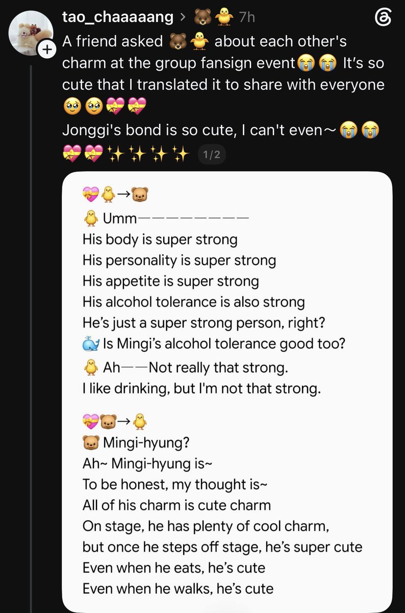 Fixon_ree's tweet photo. mingi describing jongho: pure strength, strong personality, strong drinker

jongho describing mingi: cool on stage, super cute off stage, cute just walking or eating

MY HEART 😭THE CONTRAST IS SENDING ME😭😭 https://t.co/oXmWOMMzYx