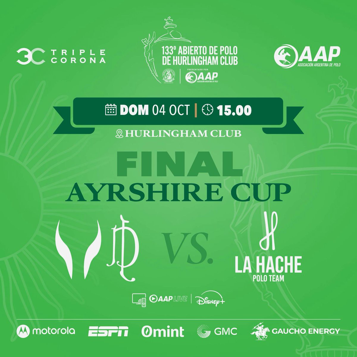 asocdepolo's tweet photo. #133AbHurlingham
#LaFinal
Desde las 15.00, en la Cancha 1 de Hurlingham, La Natividad La Dolfina y La Hache Polo Team jugarán la final del 133° Abierto del Hurlingham Club presentado por la AAP.
Si no pudiste ir, miralo en vivo por Disney +, ESPN 2 o AAPLive. https://t.co/WeJ9ohSHaM