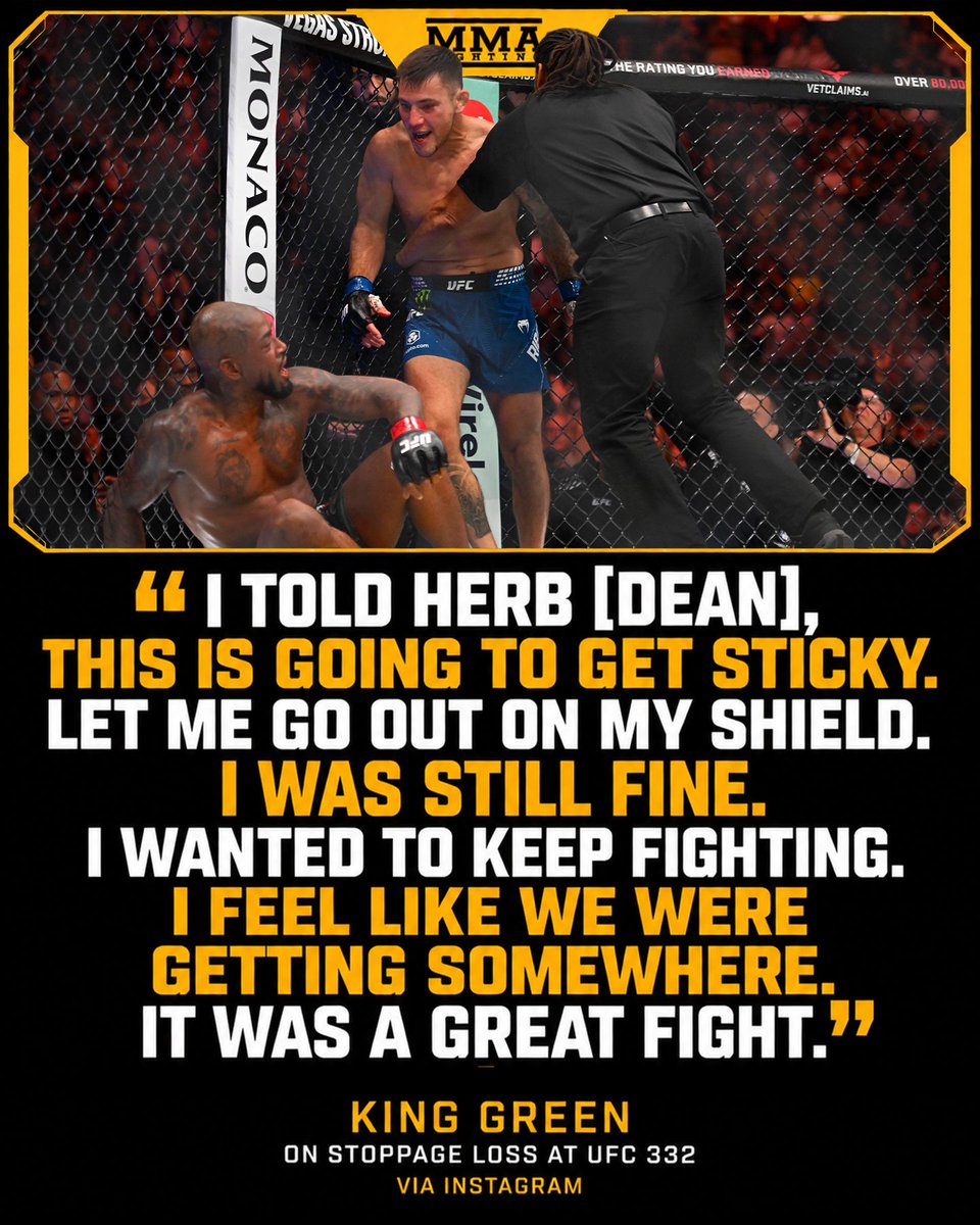 2UPMMA's tweet photo. King Green is annoyed at Herb Dean for the early stoppage in his fight with Esteban Ribovics 😬 #UFC332
https://t.co/KIhbM2E4st