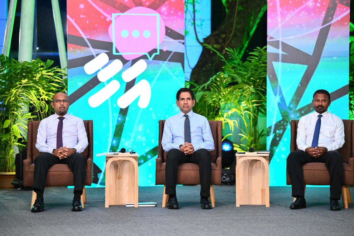 presidencymv's tweet photo. The eighth session of the ‘Ahaa’ forum takes place tonight featuring Minister of Defence and National Service Hassan Rasheed, Minister of Economic Development, Transport and Trade @em_saeed and Attorney General of the Maldives Uz @a_usham.

Jointly organised by the President’s Office and PSM, the forum provides a platform for the public to raise questions and concerns directly with Cabinet Ministers.