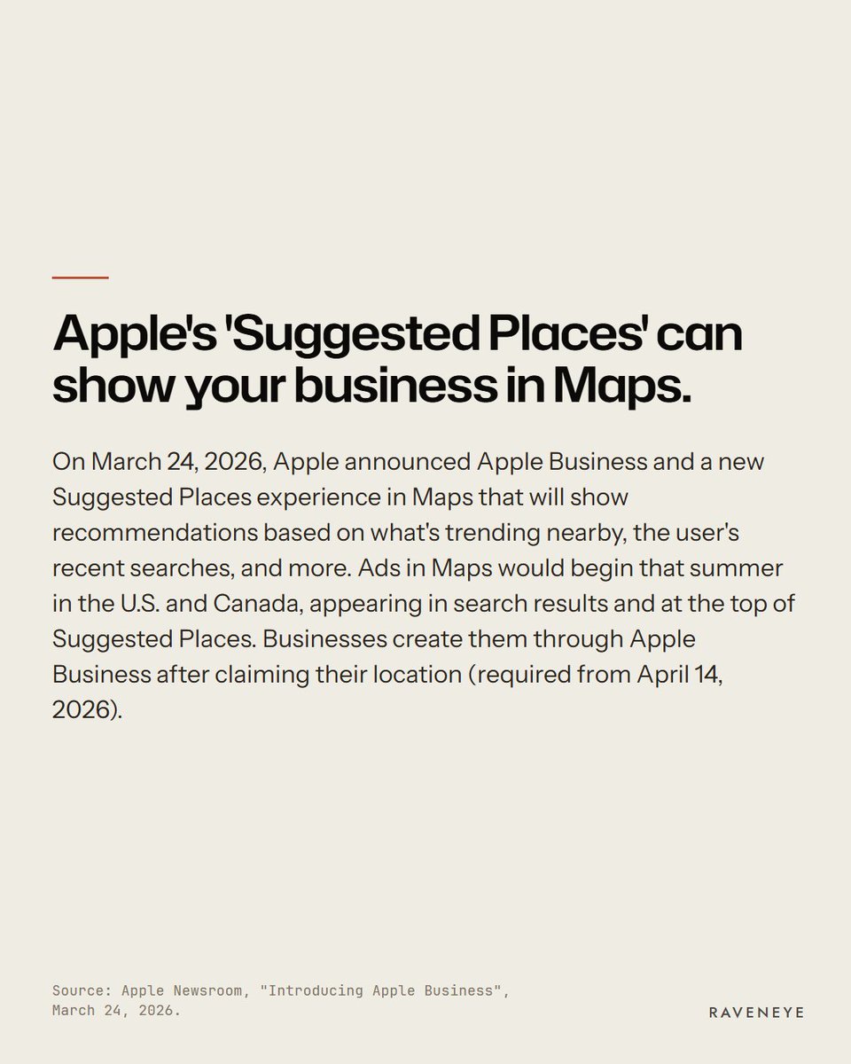 Raveneyeglobal's tweet photo. Apple's 'Suggested Places' can show your business in Maps.

To create ads that appear there, Apple said on March 24 that businesses use its Apple Business platform.

If you haven't claimed your business location there, that's the first place to check.

#aisearch https://t.co/UZQgqQsoPT