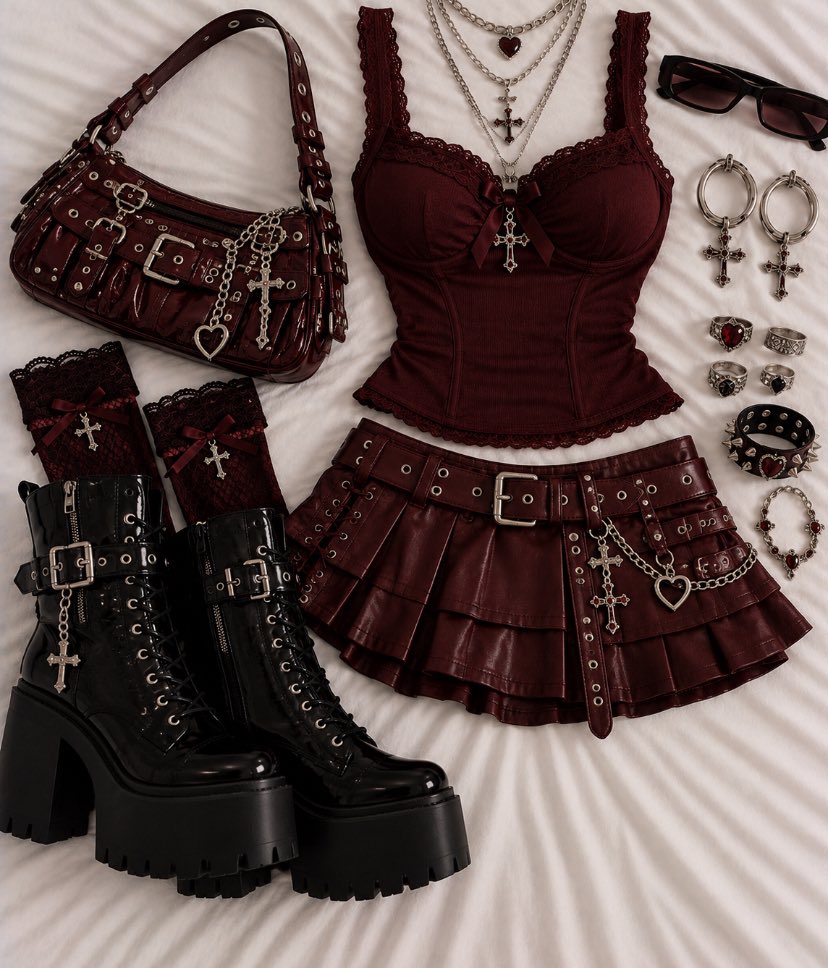 PinkPrivilege5's tweet photo. A burgundy gothic flat lay: lace corset top, pleated mini skirt with chains, platform boots, studded bag, and cross-and-heart jewelry. https://t.co/vws0racO5M